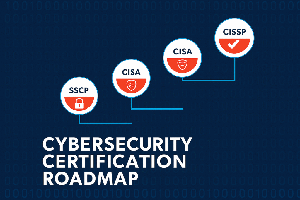 Cybersecurity certifications for career growth infographic showing SSCP, CISM, CISA, and CISSP roadmap.